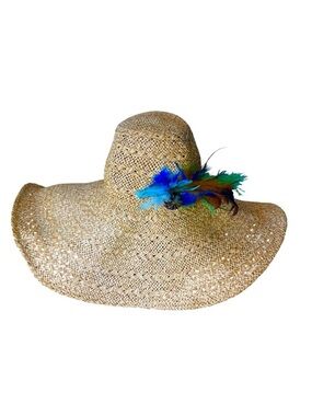 Oversized Large Floppy Straw Sun Hat Brim Beach Feathers Holiday Garden